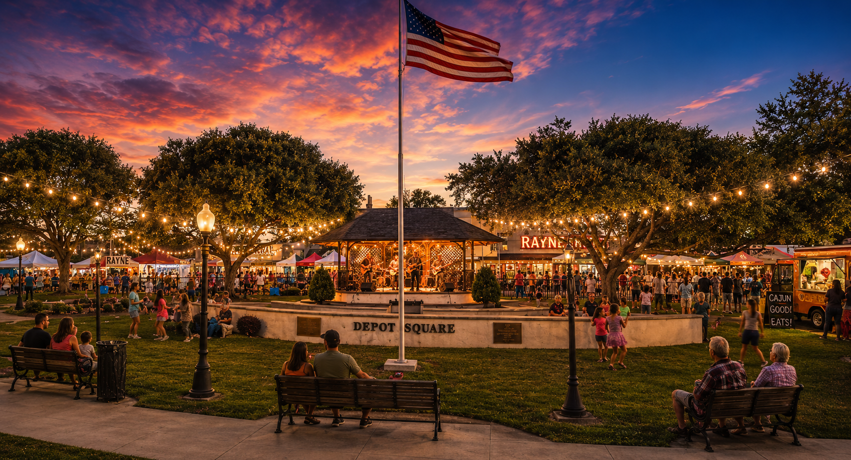 Depot Square in Rayne glowing at sunset, with the historic depot pavilion, festival vendors, and string lights drawing a crowd downtown.